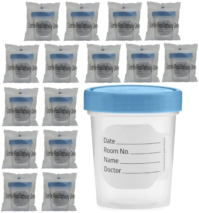 Main image of Sterile Specimen Cups 4 oz, Urine Collection Cups 15 Pack Individually bagged sterile cups with screw-on lids for urine collection, specimen testing, and secure sample handling