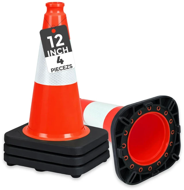 Main image of 4 Pack 12 Inch Red Traffic Cones with 4 Inch Reflective Collar, Heavy Duty PVC Safety Cones with 8.5 x 8.5 Inch Base for Parking, Driving Practice, Sports Training, and Construction