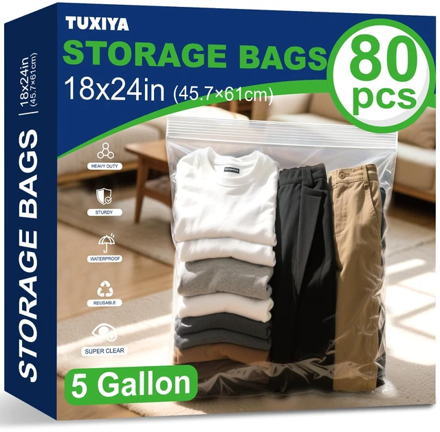 Main image of 80PACK 5 Gallon Large Zipper Bags for Storage 18" x 24" Storage Bags Large Clear Zipper Bags Reusable with Sealable Zippers Top for Clothes, Travel & Moving,Thick 4 Mil