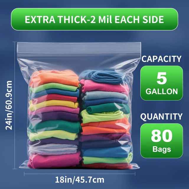 Alt view image 2 of 7 - 80PACK 5 Gallon Large Zipper Bags for Storage 18" x 24" Storage Bags Large Clear Zipper Bags Reusable with Sealable Zippers Top for Clothes, Travel & Moving,Thick 4 Mil