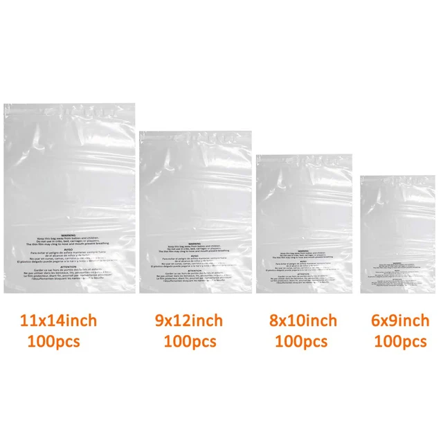 Alt view image 3 of 6 - 400 Count Combo Pack Warning Bags - 6x9, 8x10, 9x12, 11x14 Inch Self Seal Clear Poly Bags with Suffocation Warning with Permanent Adhesive, Strong Adhesive, Not Resealable (1.5mil)