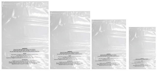 Main image of 400 Count Combo Pack Warning Bags - 6x9, 8x10, 9x12, 11x14 Inch Self Seal Clear Poly Bags with Suffocation Warning with Permanent Adhesive, Strong Adhesive, Not Resealable (1.5mil)