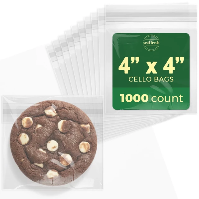 Main image of Self Sealing Cellophane Bags - 4" x 4" (1000 Count) - Clear Plastic Resealable Cello Bag - Cellophane Treat Bags, Cookie Bags for Packaging, Candy bags, Cello Bags, Pastry Bags
