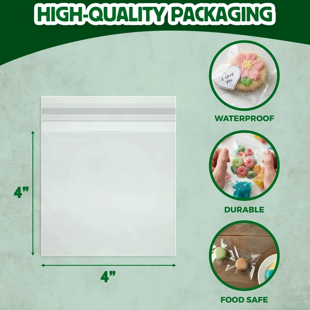Alt view image 3 of 6 - Self Sealing Cellophane Bags - 4" x 4" (1000 Count) - Clear Plastic Resealable Cello Bag - Cellophane Treat Bags, Cookie Bags for Packaging, Candy bags, Cello Bags, Pastry Bags