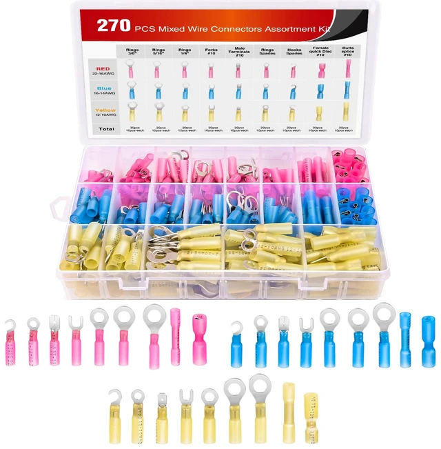 Main image of 270 PCS Heat Shrink Wire Connector Waterproof Marine Automotive Connector Assortment Rings Fork Hook Spade Butt Splices