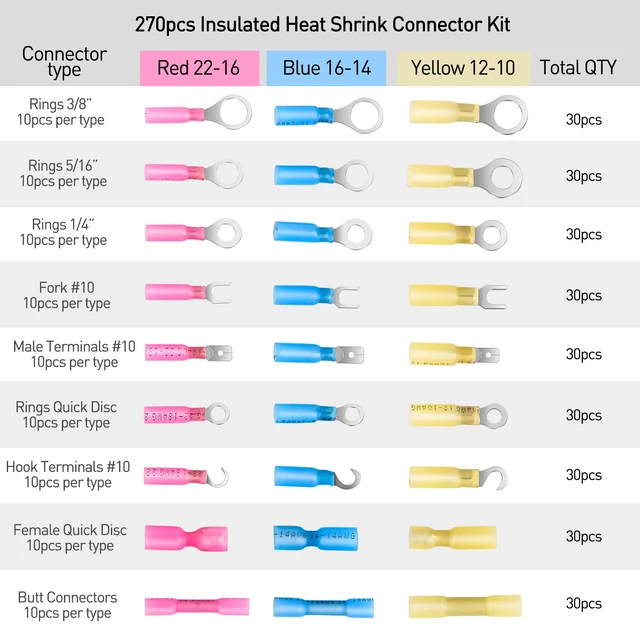 Alt view image 2 of 7 - 270 PCS Heat Shrink Wire Connector Waterproof Marine Automotive Connector Assortment Rings Fork Hook Spade Butt Splices