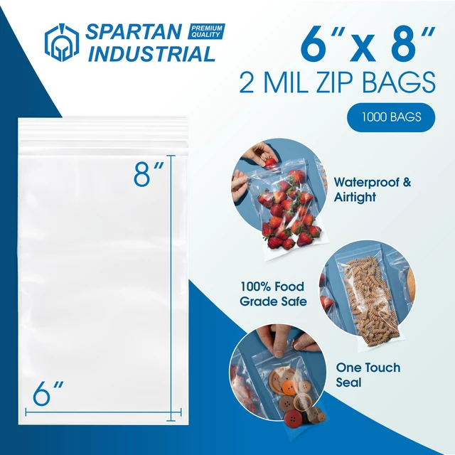 Alt view image 2 of 6 - 6 X 8 (1000 Count) 2 Mil Clear Reclosable Zip Plastic Poly Bags with Resealable Lock Seal Zipper