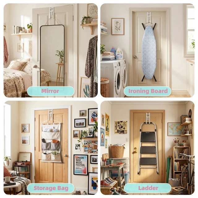 Alt view image 5 of 7 - 4 Pack Over-the-Door Hooks, No Installation Required, 100 Lb Heavy Duty with Anti-Scratch Rubber & Rust-Proof, Space-Saving Organizer for Coats, Towel & Bag, Bathroom, Bedroom, Kitchen, Office, White