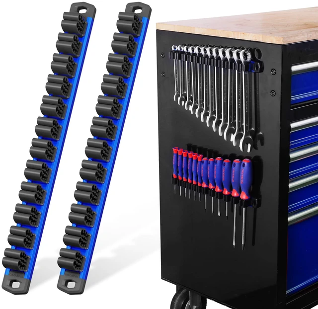 Main image of Magnetic Screwdriver and Wrench Organizer Set, 24-Slot Tool Holders 2-Pack Aluminum Rails, Magnetic Force, Flexible High-Tension Tool Clips, For Tool Box Drawer & Wall-Mount Storage