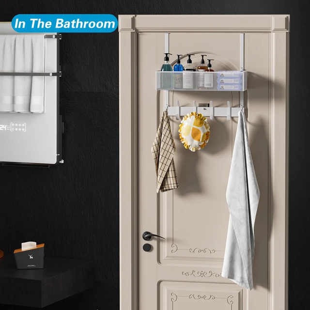 Alt view image 5 of 7 - Over The Door Hooks Organizer, Over Door Towel Rack,Fits Doors 1 3/4" 10 Coat Hooks & 2 Wreath Hanger,Space-Saving,Over the Door Hooks,Door Hanger Organizer for Bedroom, Kitchen, Bathroom(White)
