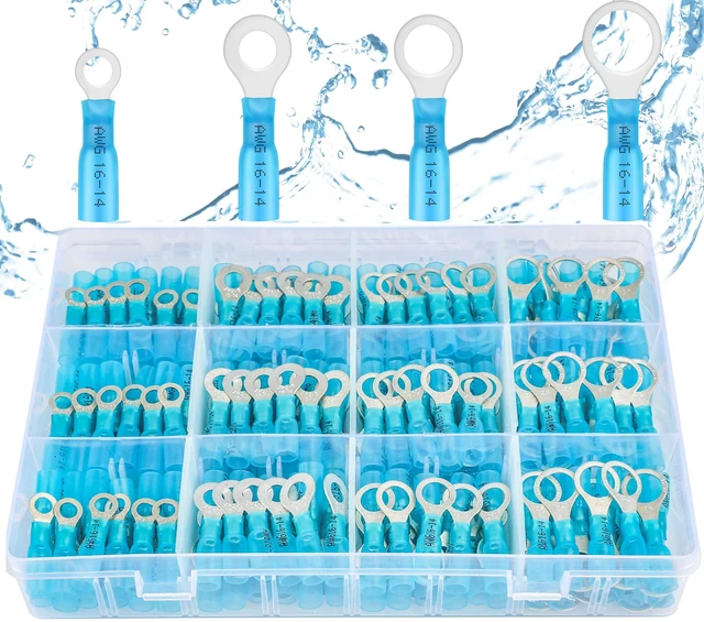 Main image of 200PCS Heat Shrink Ring Terminals, 16-14 AWG, Blue 4 Sizes Battery and Ground Stud Connections, Automotive Ground and Equipment Wiring, Heat Shrink Wire Connectors