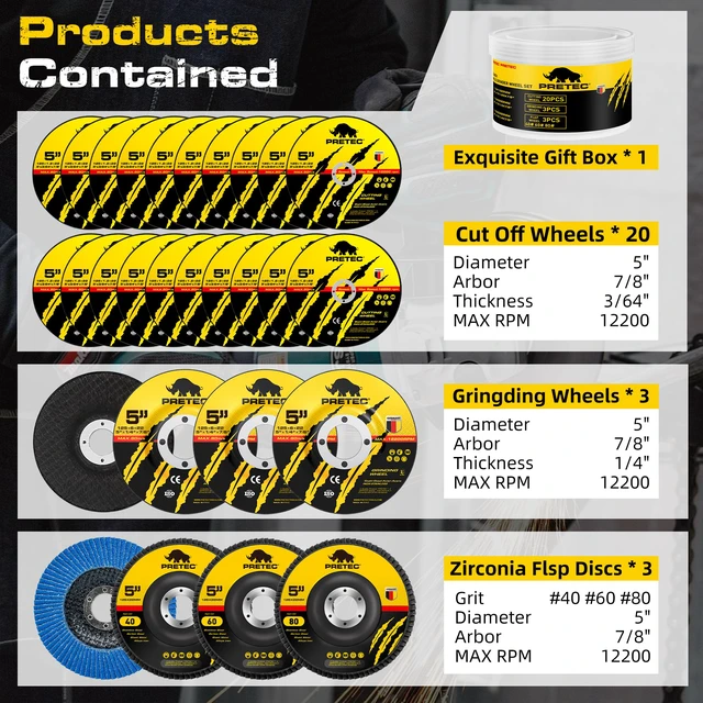 Alt view image 2 of 7 - 26 Packs Angle Grinder Cutting Flap Grinding Disc Wheel, 5 Inch 20 Packs 5"x3/64"x7/8" Cut off Wheels,3 Packs 4.5"x7/8" 60 Grit Flap Discs, 3 Packs 5"x3/64"x7/8" Grinding Wheels