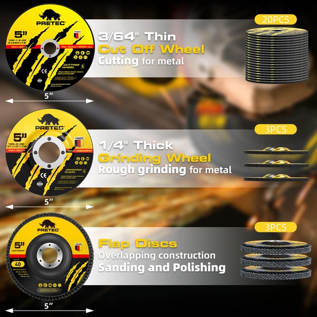 Alt view image 7 of 7 - 26 Packs Angle Grinder Cutting Flap Grinding Disc Wheel, 5 Inch 20 Packs 5"x3/64"x7/8" Cut off Wheels,3 Packs 4.5"x7/8" 60 Grit Flap Discs, 3 Packs 5"x3/64"x7/8" Grinding Wheels