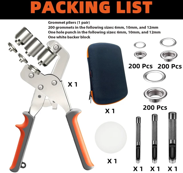 Alt view image 2 of 6 - Heavy-Duty Grommet Tool Kit 3/8-1/4-1/2 for Tarps Farbic Flag Eyelet Punch Tool kit 6/10/12MM With Bag, Metal Grommet Make Set Press for Baneer Canvas,Grommet Hole Punch Pliers
