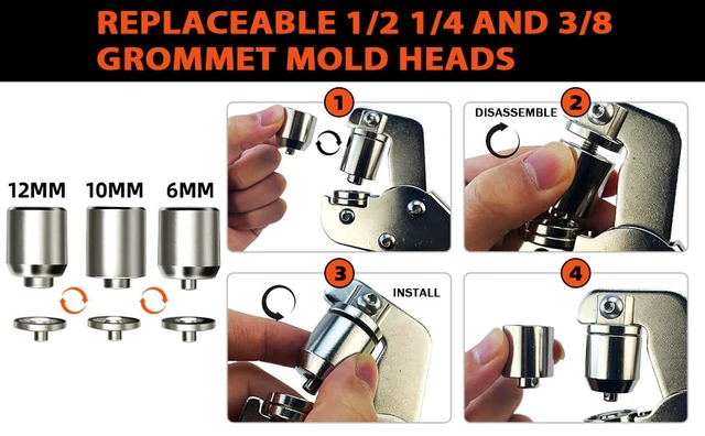 Alt view image 4 of 6 - Heavy-Duty Grommet Tool Kit 3/8-1/4-1/2 for Tarps Farbic Flag Eyelet Punch Tool kit 6/10/12MM With Bag, Metal Grommet Make Set Press for Baneer Canvas,Grommet Hole Punch Pliers