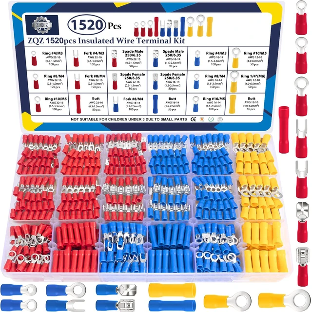 Main image of 1520Pcs Wire Connectors Kit, Crimp Electrical Terminal Connectors Assorted electrical connectors set,Insulated crimp terminal,Includes ring,fork,spade,butt splices wire ends assortment kit