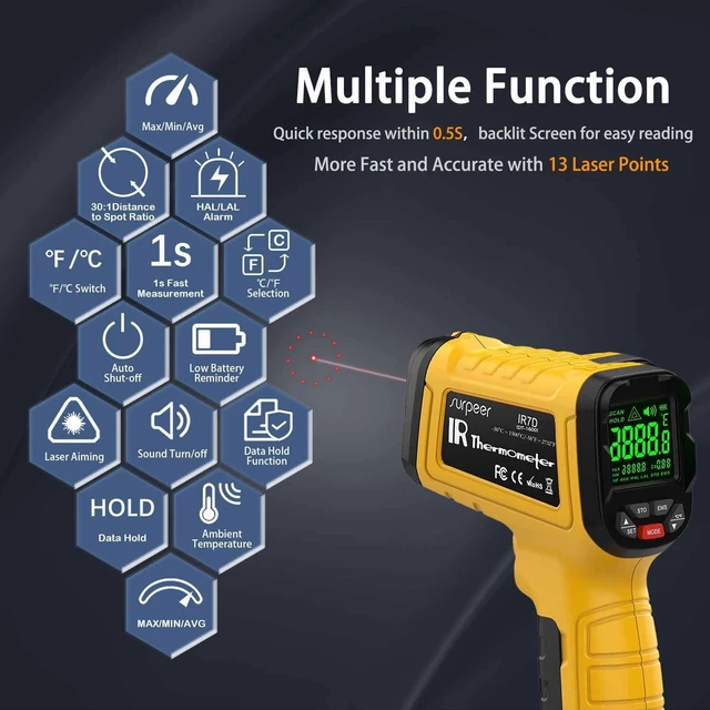 Alt view image 2 of 6 - Infrared Thermometer Temperature Gun, 2732°F, 50:1 Pyrometer High IR Temp Measurement Tool for Industrial Furnace Kiln Foundry Metal Casting Welding HVAC