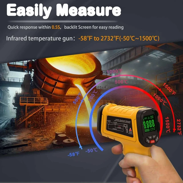 Alt view image 3 of 6 - Infrared Thermometer Temperature Gun, 2732°F, 50:1 Pyrometer High IR Temp Measurement Tool for Industrial Furnace Kiln Foundry Metal Casting Welding HVAC