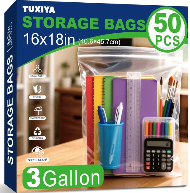 Main image of 50PACK 3 Gallon Large Zipper Bags for Storage 16" x 18" Storage Bags Large Clear Zipper Bags Reusable with Sealable Zippers Top for Clothes, Travel & Moving,Thick 4 Mil