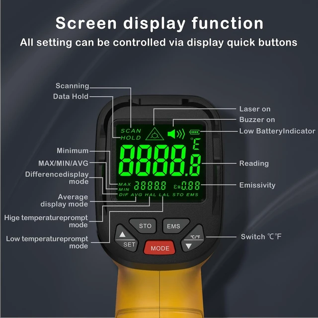 Alt view image 5 of 6 - Infrared Thermometer Temperature Gun, 2732°F, 50:1 Pyrometer High IR Temp Measurement Tool for Industrial Furnace Kiln Foundry Metal Casting Welding HVAC