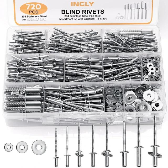Main image of 720Pcs 304 Stainless Steel Rivets with Washer Assortment Kit 8 Sizes Pop Rivets, 1/8", 5/32", 3/16", with 3 Sizes Washers, Stainless Rivets for Metal, Automotive, Furniture, DIY Repair