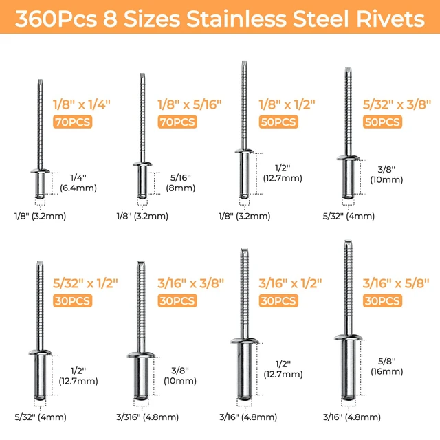 Alt view image 2 of 7 - 720Pcs 304 Stainless Steel Rivets with Washer Assortment Kit 8 Sizes Pop Rivets, 1/8", 5/32", 3/16", with 3 Sizes Washers, Stainless Rivets for Metal, Automotive, Furniture, DIY Repair