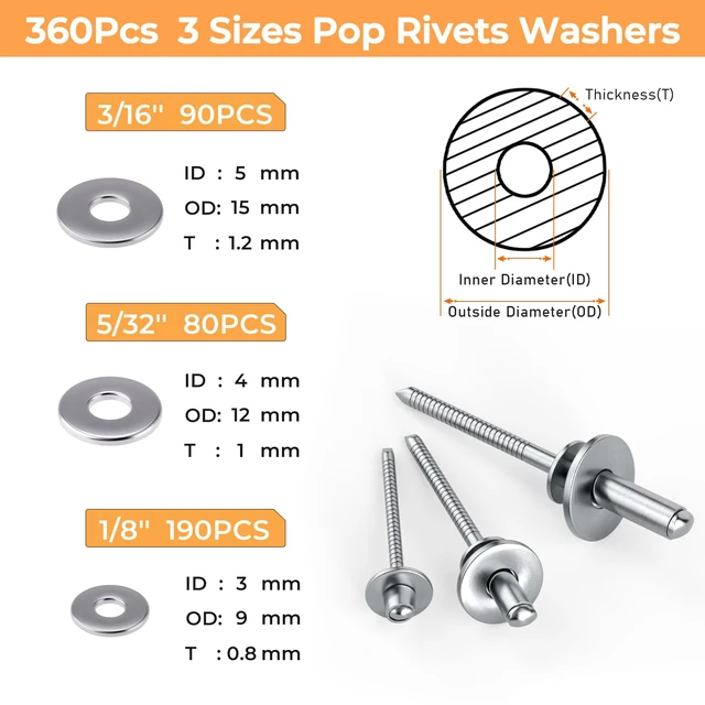 Alt view image 3 of 7 - 720Pcs 304 Stainless Steel Rivets with Washer Assortment Kit 8 Sizes Pop Rivets, 1/8", 5/32", 3/16", with 3 Sizes Washers, Stainless Rivets for Metal, Automotive, Furniture, DIY Repair