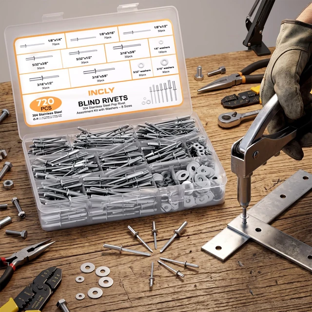 Alt view image 7 of 7 - 720Pcs 304 Stainless Steel Rivets with Washer Assortment Kit 8 Sizes Pop Rivets, 1/8", 5/32", 3/16", with 3 Sizes Washers, Stainless Rivets for Metal, Automotive, Furniture, DIY Repair
