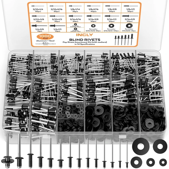 Main image of 1000PCS Black Pop Rivets Assortment Kit with Washers 14 Sizes Black Rivets for Metal, 3/32",1/8",5/32",3/16",1/4", 5 Sizes 304 Stainless Steel Washers for Indoor Outdoor Use