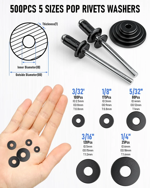 Alt view image 3 of 7 - 1000PCS Black Pop Rivets Assortment Kit with Washers 14 Sizes Black Rivets for Metal, 3/32",1/8",5/32",3/16",1/4", 5 Sizes 304 Stainless Steel Washers for Indoor Outdoor Use