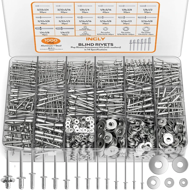 Main image of 1000PCS Aluminum Pop Rivets Assortment Kit with Washers 14 Sizes Pop Rivets, 3/32",1/8",5/32",3/16",1/4", 5 Sizes 304 Stainless Steel Washers, Blind Rivets for Metal, DIY Repair