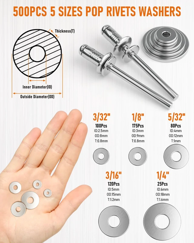 Alt view image 3 of 7 - 1000PCS Aluminum Pop Rivets Assortment Kit with Washers 14 Sizes Pop Rivets, 3/32",1/8",5/32",3/16",1/4", 5 Sizes 304 Stainless Steel Washers, Blind Rivets for Metal, DIY Repair