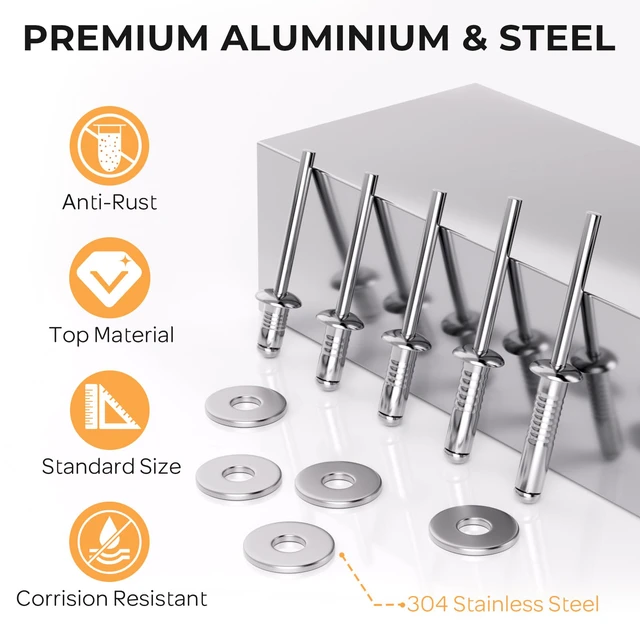 Alt view image 4 of 7 - 1000PCS Aluminum Pop Rivets Assortment Kit with Washers 14 Sizes Pop Rivets, 3/32",1/8",5/32",3/16",1/4", 5 Sizes 304 Stainless Steel Washers, Blind Rivets for Metal, DIY Repair