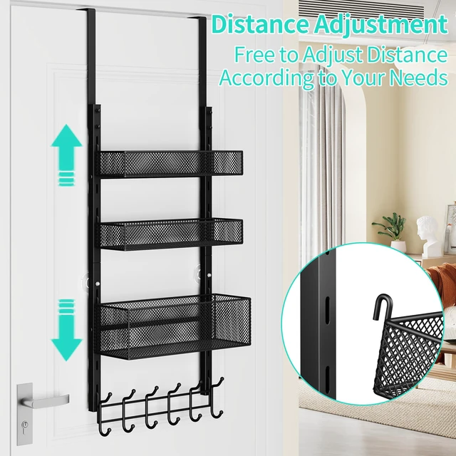 Alt view image 2 of 7 - Over The Door Hanger with Coat Hooks and 3 Baskets, Rustproof Over The Door Hooks, Storage Organizer for Hats, Towels - Black