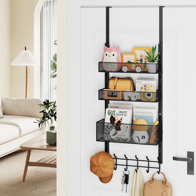 Alt view image 7 of 7 - Over The Door Hanger with Coat Hooks and 3 Baskets, Rustproof Over The Door Hooks, Storage Organizer for Hats, Towels - Black