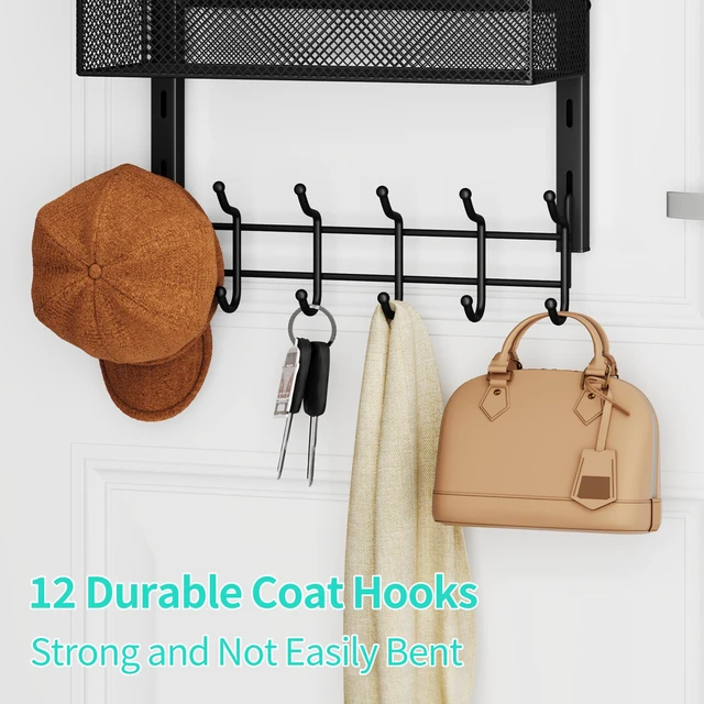 Alt view image 4 of 7 - Over The Door Hanger with Coat Hooks and 3 Baskets, Rustproof Over The Door Hooks, Storage Organizer for Hats, Towels - Black