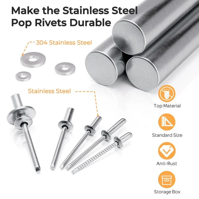 Alt view image 5 of 7 - 720Pcs 304 Stainless Steel Rivets with Washer Assortment Kit 8 Sizes Pop Rivets, 1/8", 5/32", 3/16", with 3 Sizes Washers, Stainless Rivets for Metal, Automotive, Furniture, DIY Repair