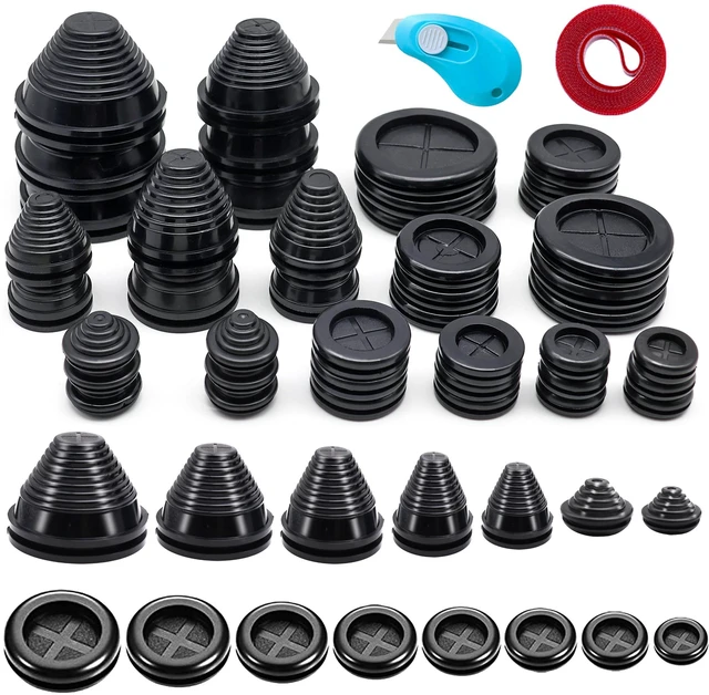 Main image of 32 Piece Closed Rubber Grommet Firewall Solid Closed Hole Plug Kit, Tower and Round Double Sided Rubber Hole Plugs for Wire Electrical Plumbing Systems