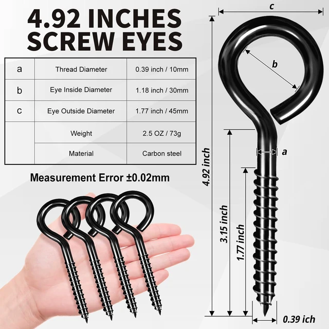 Alt view image 2 of 6 - 5 Inch Eye Hooks, Large Eye Bolts Screw in Hooks, 20 Pcs Carbon Steel, Black, Heavy Duty, For Wood Securing Cables Wire, Heavy-Duty Applications