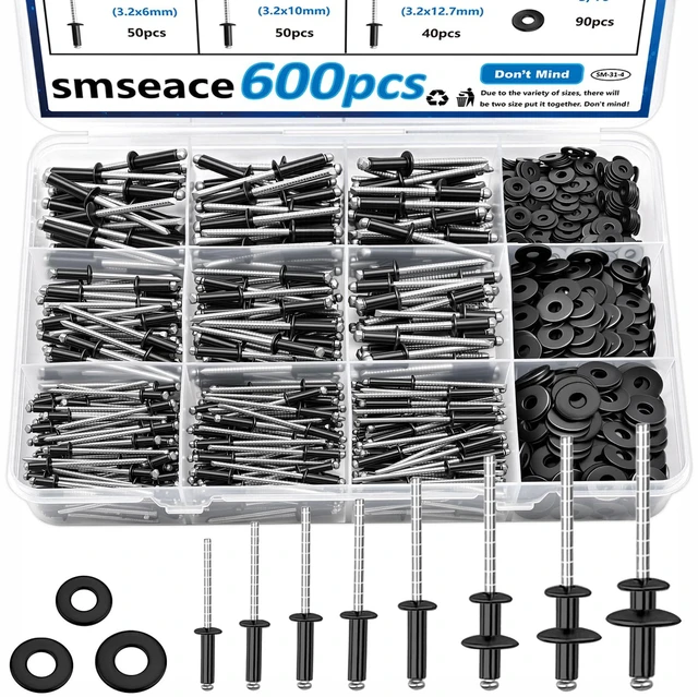 Main image of 600Pcs Stainless Steel Black Pop Rivets with Washer Assortment Kit 8-Sizes Stainless Rivets(1/8Inch 5/32Inch 3/16Inch) for Metal,Furniture,Automotive,Instruments