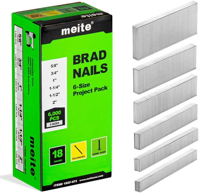 Main image of 18 Gauge Brad Nails, 6 Sizes (5/8",3/4",1",1-1/4",1-1/2",2") 6,000Pcs Galvanized Assorted 6 Sizes Small Finishing Nails for Pneumatic, Electric 18GA Brad Nail Gun Nailer, Project Pack