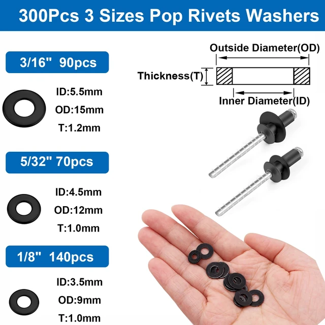 Alt view image 3 of 6 - 600Pcs Stainless Steel Black Pop Rivets with Washer Assortment Kit 8-Sizes Stainless Rivets(1/8Inch 5/32Inch 3/16Inch) for Metal,Furniture,Automotive,Instruments