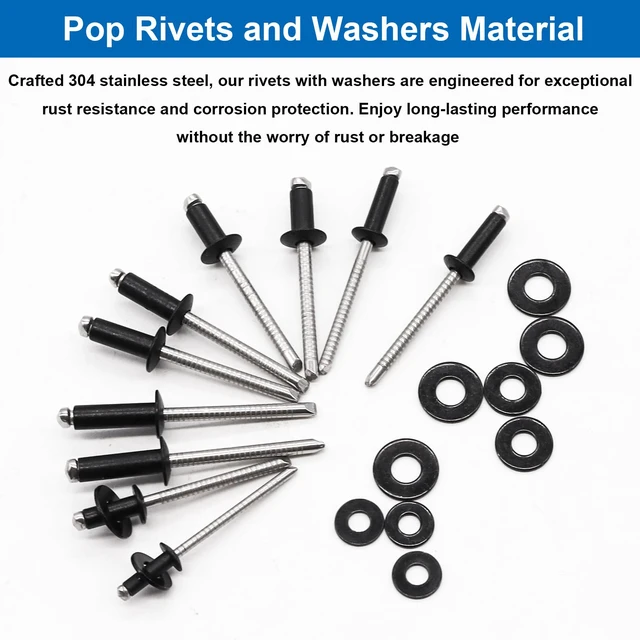Alt view image 4 of 6 - 600Pcs Stainless Steel Black Pop Rivets with Washer Assortment Kit 8-Sizes Stainless Rivets(1/8Inch 5/32Inch 3/16Inch) for Metal,Furniture,Automotive,Instruments