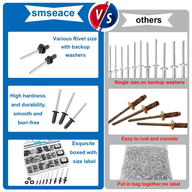 Alt view image 5 of 6 - 600Pcs Stainless Steel Black Pop Rivets with Washer Assortment Kit 8-Sizes Stainless Rivets(1/8Inch 5/32Inch 3/16Inch) for Metal,Furniture,Automotive,Instruments