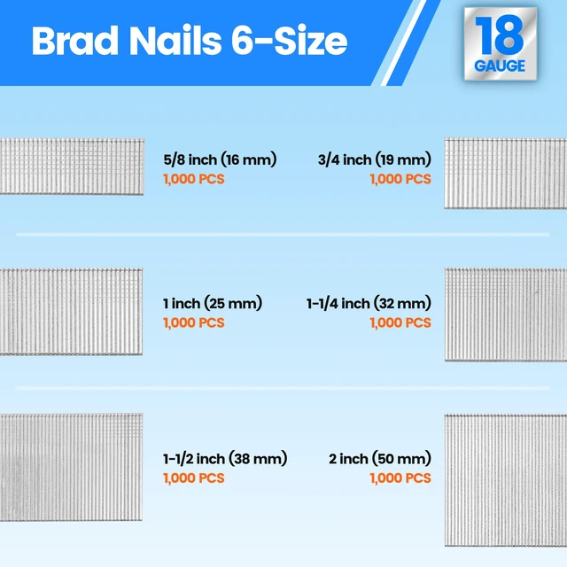 Alt view image 3 of 7 - 18 Gauge Brad Nails, 6 Sizes (5/8",3/4",1",1-1/4",1-1/2",2") 6,000Pcs Galvanized Assorted 6 Sizes Small Finishing Nails for Pneumatic, Electric 18GA Brad Nail Gun Nailer, Project Pack