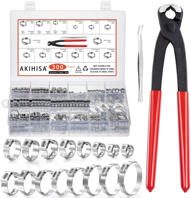 Main image of 300pcs 16 Sizes Single Ear Hose Clamps, 5.3-36.1mm Stainless Steel_304 Crimp Hose Clamps Cinch Rings Assortment Kit for Automotive, Pipe, Plumbing