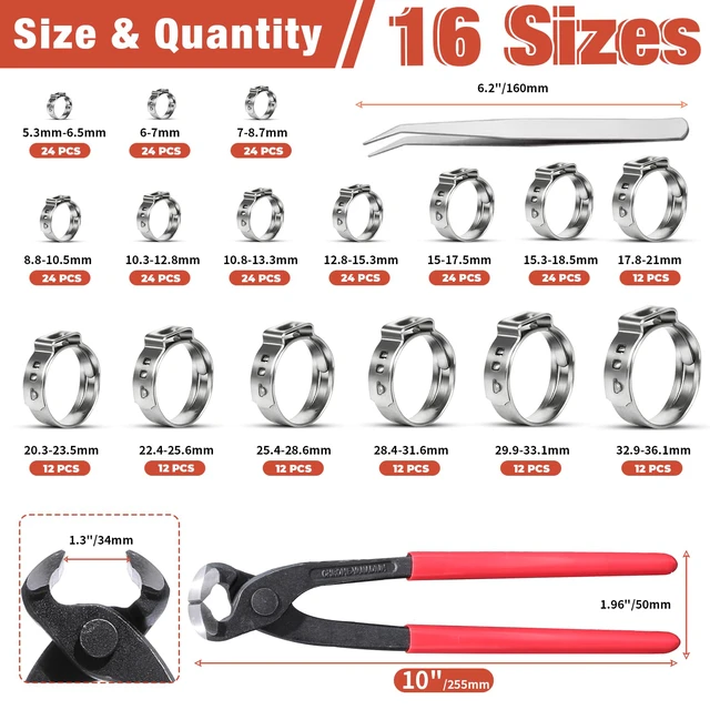 Alt view image 2 of 7 - 300pcs 16 Sizes Single Ear Hose Clamps, 5.3-36.1mm Stainless Steel_304 Crimp Hose Clamps Cinch Rings Assortment Kit for Automotive, Pipe, Plumbing