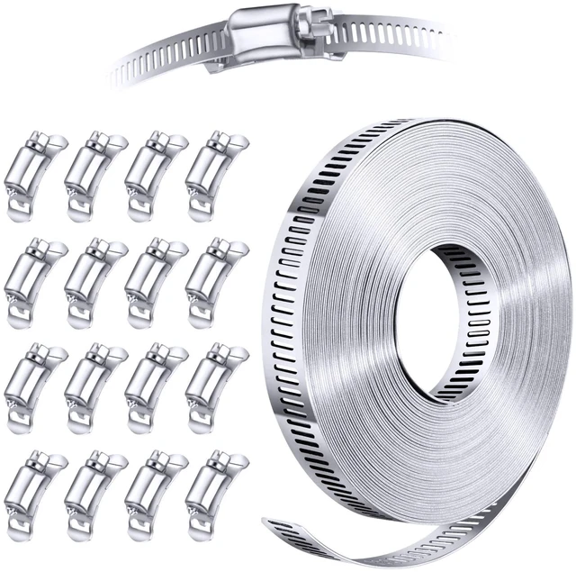 Main image of Stainless Steel Worm Gear Hose Clamp Assortment Kit, Cut-To-Fit DIY 35FT Strap+16 Fasteners, Large Adjustable Band Clamps Strapping for Pole Mount, HVAC Duct Pipe, Muffler, Segmented Rings