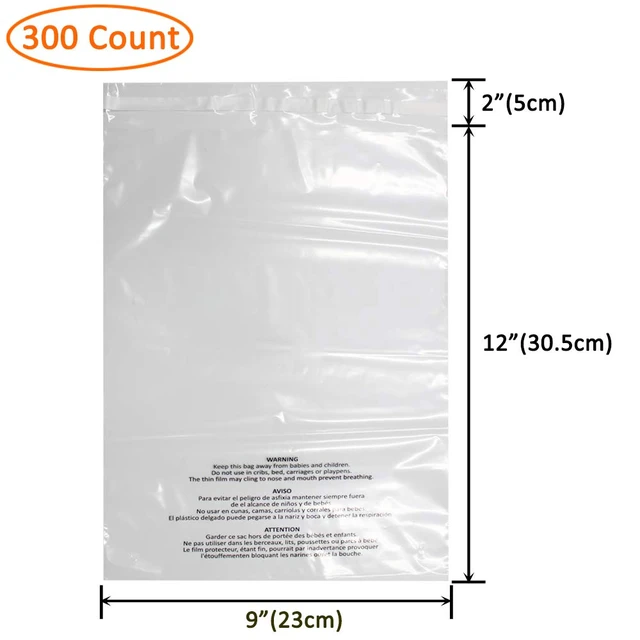Alt view image 2 of 6 - 300 Count 9x12 Inch Self Seal Clear Poly Bags with Suffocation Warning for Packaging Clothing, T Shirts, Decorative Wrappers and More with Permanent Adhesive(1.5mil)