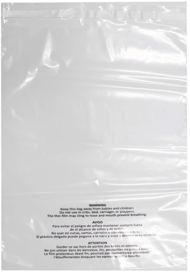 Main image of 300 Count 9x12 Inch Self Seal Clear Poly Bags with Suffocation Warning for Packaging Clothing, T Shirts, Decorative Wrappers and More with Permanent Adhesive(1.5mil)